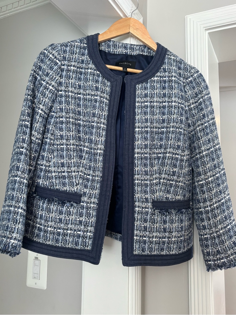 Talbots Navy and White Tweed Collarless Blazer